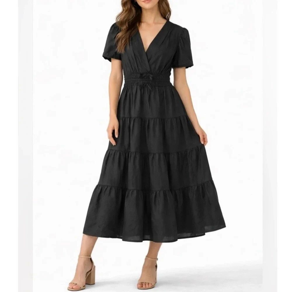 Meadow Rhodes Womens Black Tiered Maxi Dress Size M Smocked Waist V-Neck Anthro